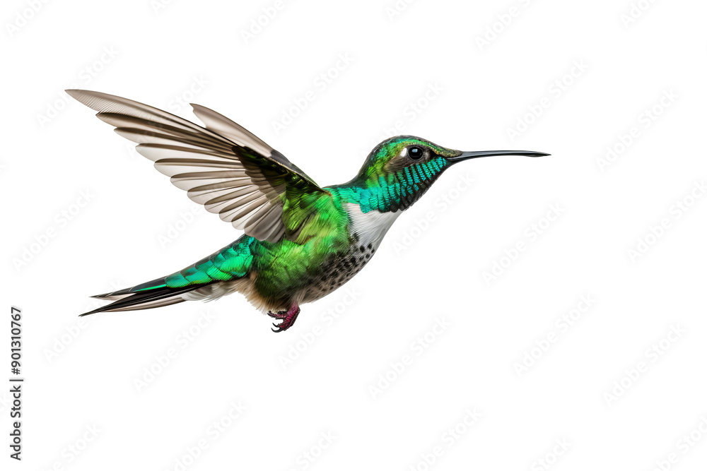 Obraz premium Colorful hummingbird in mid-flight with detailed feathers isolated on transparent background, ideal for nature-themed design projects and wildlife art illustrations