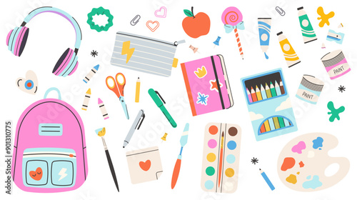 Set of school supplies. Back to school. Backpack, stationery, box of pencils. Vector illustration in flat style. Vector illustration of art supplies and school stationery, cartoon