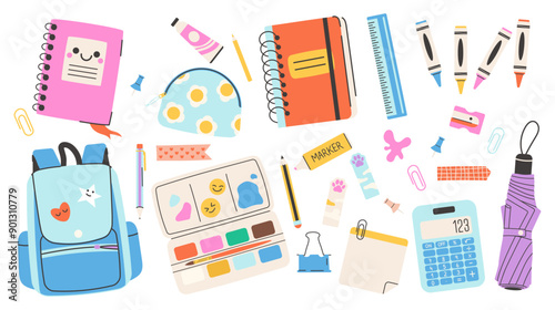 Set of school supplies. Back to school. Backpack, stationery, paints, palette. Vector illustration in flat style. Vector illustration of art supplies and school stationery, cartoon
