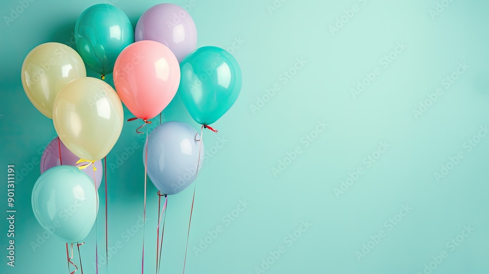 A bunch of colorful balloons are floating in the air. The balloons are in various colors, including yellow, pink, and green. Concept of joy and celebration A bunch of colorful balloons are floating in the air. The balloons are in various colors, including yellow, pink, and green. Concept of joy and celebration