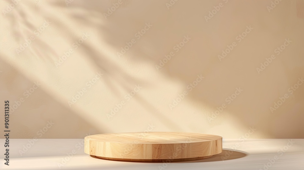 Wooden podium with a round shape on beige background, perfect for product display, featuring spacious copy space. Wooden podium with a round shape on beige background, perfect for product display, featuring spacious copy space.