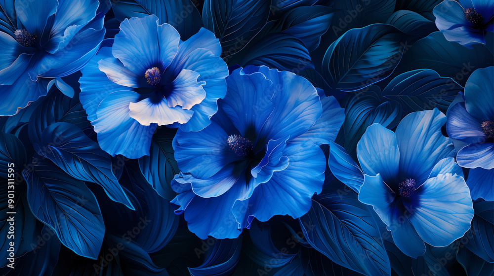 A blue flowery background with a blue flower in the foreground A blue flowery background with a blue flower in the foreground