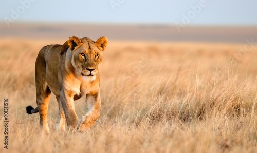 Lioness hunting in a sunlit savannah, Generative AI