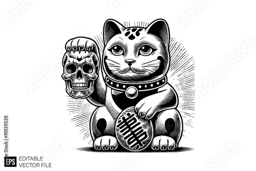 Black and white maneki neko lucky cat vector illustration design