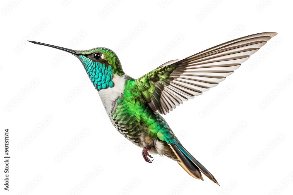 Obraz premium Colorful hummingbird in mid-flight with detailed feathers isolated on transparent background, ideal for nature-themed design projects and wildlife art illustrations