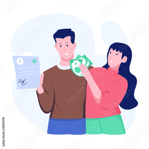 A flat illustration showing persons with lending document 