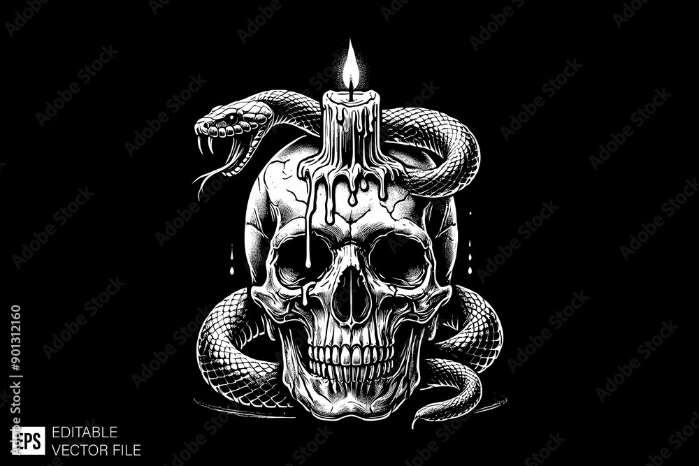 Black and white scary skull head vector illustration design