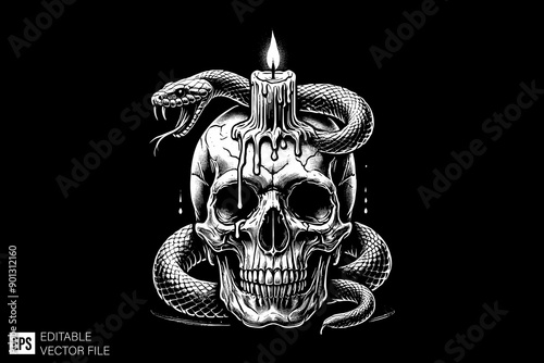 Black and white scary skull head vector illustration design