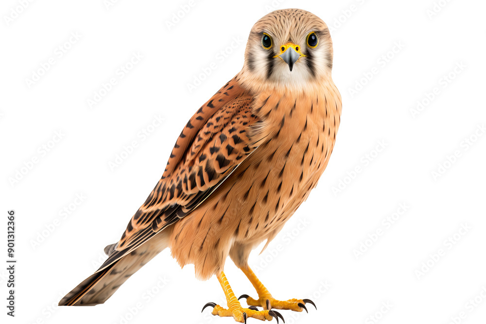Fototapeta premium Kestrel in flight PNG, isolated on transparent background, ideal for wildlife and nature design projects, featuring a detailed bird of prey with outstretched wings and sharp features