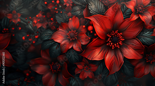 
A close up of red flowers with dark green leaves. The flowers are arranged in a way that they seem to be growing out of the ground. The image has a moody and dramatic feel to it, with the red flowers