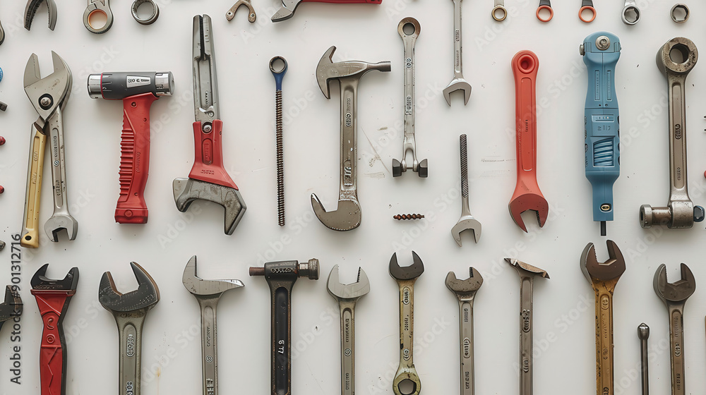A neatly arranged collection of various wrenches, screwdrivers, and other hand tools on a white background. A neatly arranged collection of various wrenches, screwdrivers, and other hand tools on a white background.