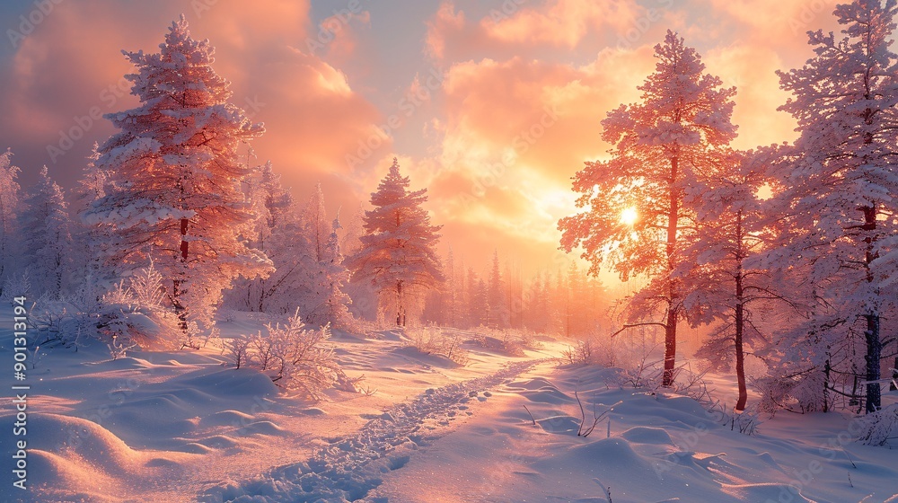 sunrise in the winter forest, snow covered tree background. sunrise in the winter forest, snow covered tree background.
