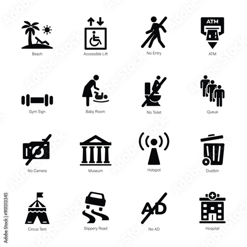 Collection of Signage Glyph Style Icons

