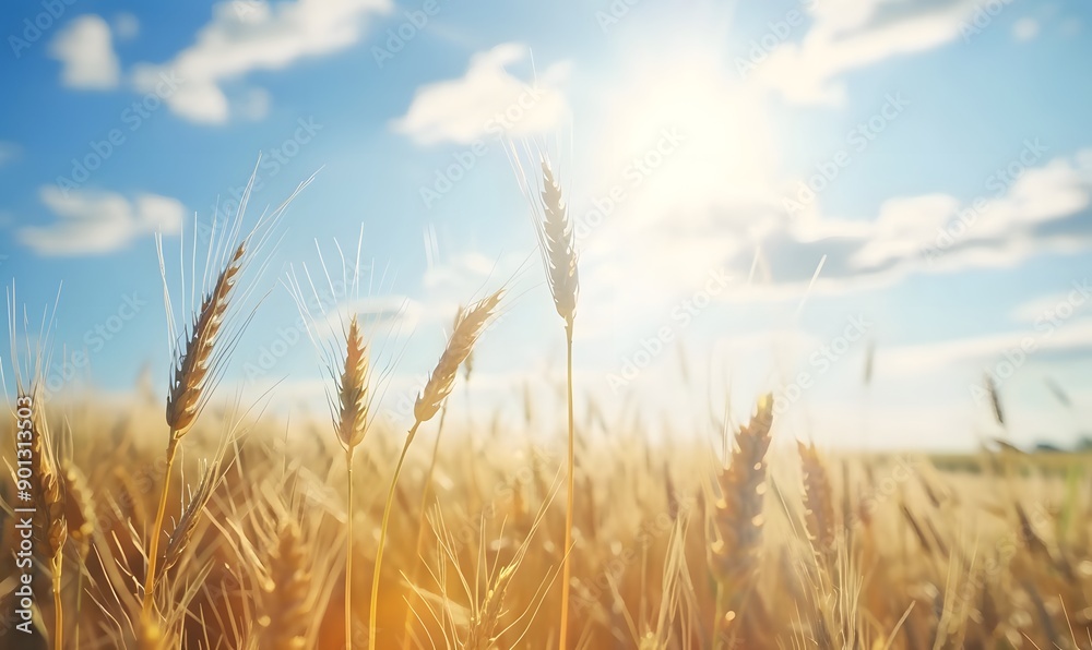 Naklejka premium Rye field scene with sunlight blue sky , Generative AI