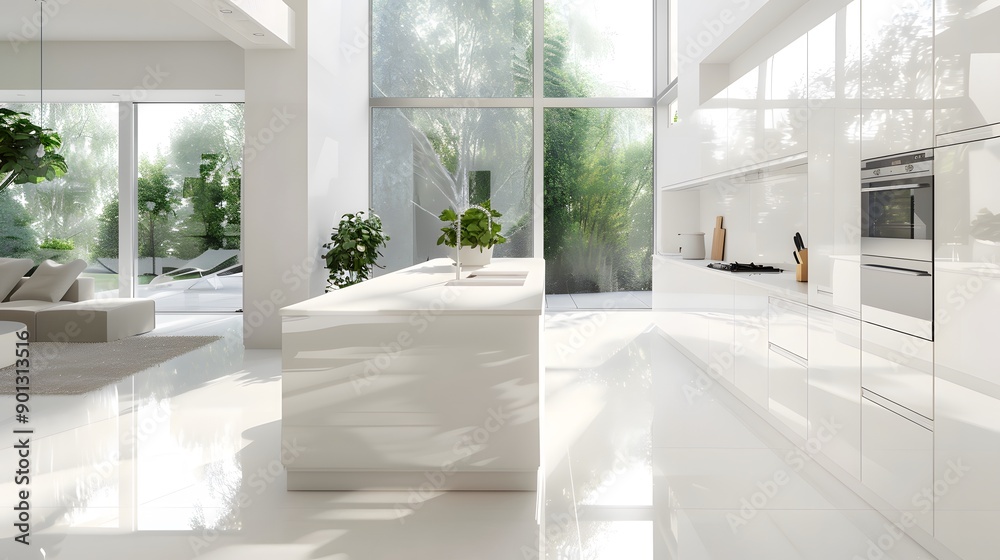 Fototapeta premium Modern Minimalist Kitchen with Glossy White Surfaces and Large Windows