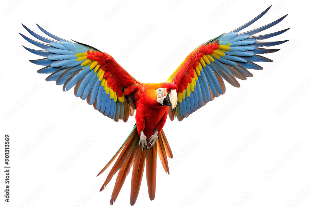 Fototapeta premium Colorful macaw parrot with vibrant feathers isolated on transparent background, ideal for tropical and exotic design projects