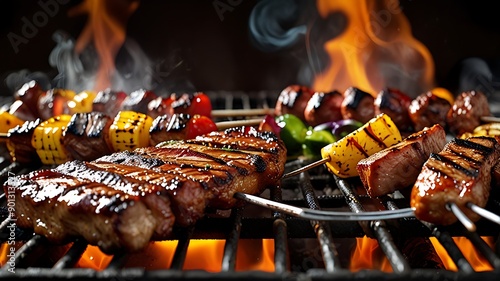 Grilled kebabs with vegetables on skewers over an open flame. photo