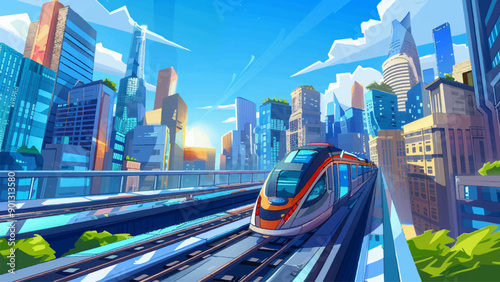 Ultra-Modern City Metro Tracks Between Skyscrapers Electric Train Adventure Mobile Game Futuristic Urban Environment Illustration High-Tech Cityscape Technological