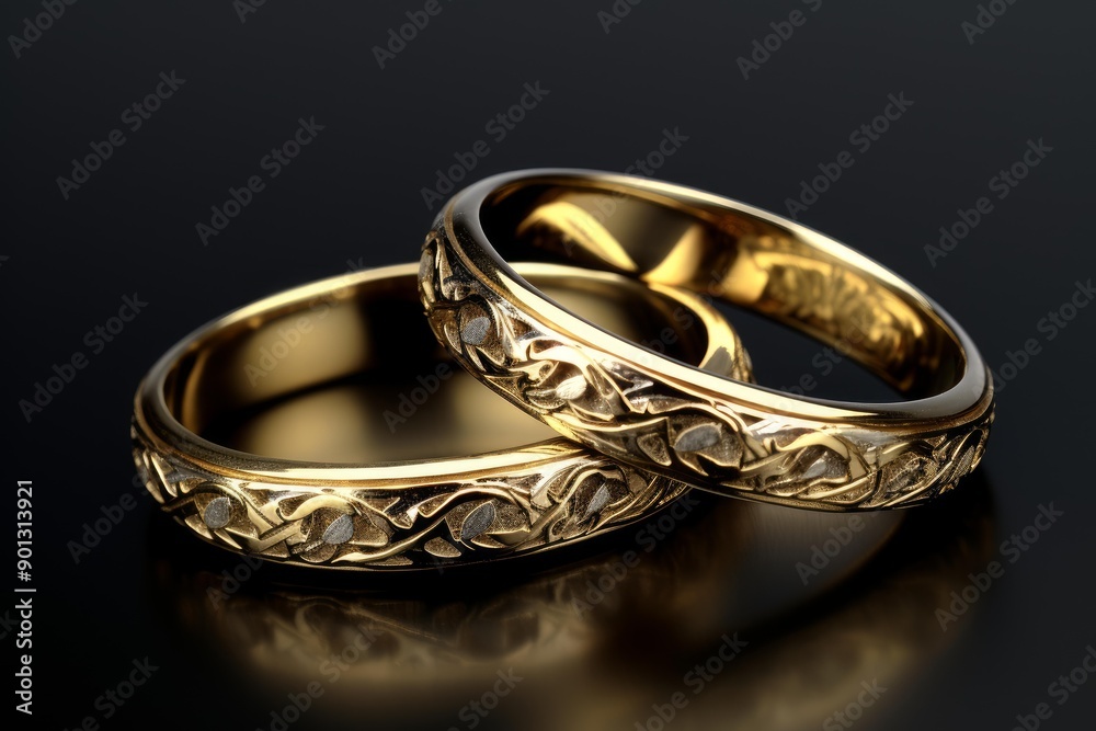 Two ornate gold wedding bands with intricate carving, symbolizing eternal love Two ornate gold wedding bands with intricate carving, symbolizing eternal love