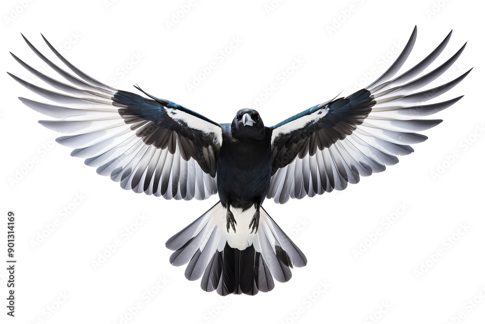 Obraz premium Majestic magpie PNG image with detailed feathers and vibrant black-and-white plumage isolated on transparent background ideal for digital design and nature illustrations
