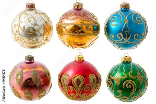 6 vintage Victorian Christmas tree baubles with space between, white background, vibrant, bright colors.