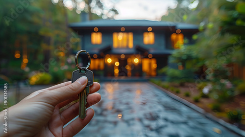 photo of a hand holding a key with a house in the background photo