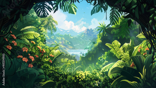 View Through Vines to Lost Tropical Fantasy World Cartoon Environment Adventure Mystical Jungle Exploration Hidden Paradise Illustration Ancient Ruins Mysterious Journey