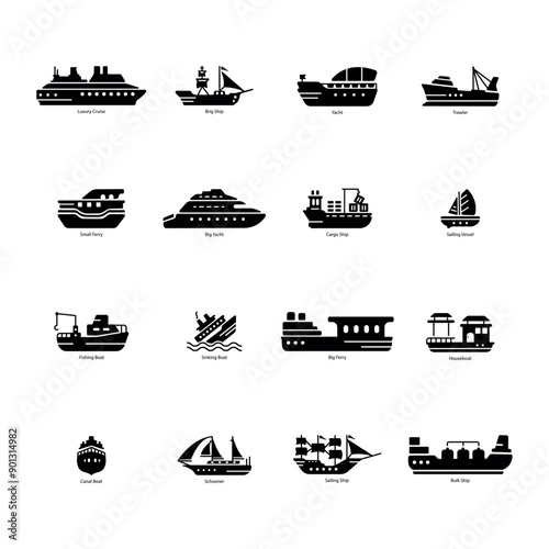 Collection of 16 Watercraft Solid Icons 

