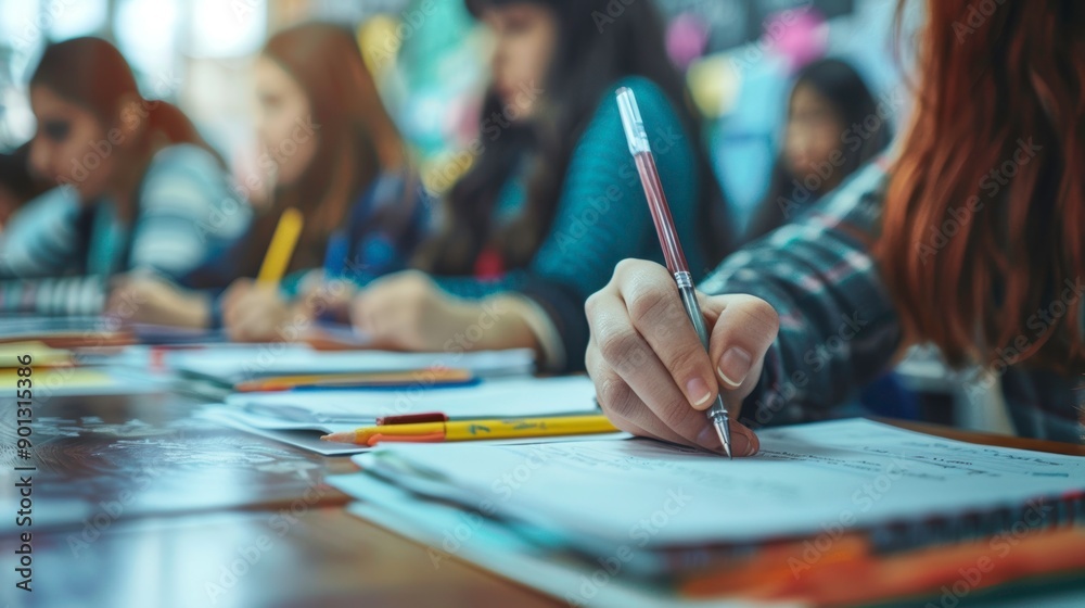 Close-up of a student's hand writing in a notebook, surrounded by classmates in a classroom setting. Close-up of a student's hand writing in a notebook, surrounded by classmates in a classroom setting.