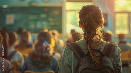 Wallpaper Mural A young woman with a backpack stands in a classroom, facing a group of students. The sun shines through the windows, casting a warm glow on the scene. Torontodigital.ca