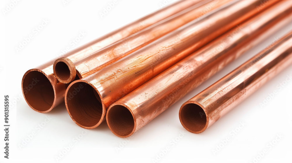 A group of copper pipes, neatly arranged in various sizes, used for plumbing and construction purposes. A group of copper pipes, neatly arranged in various sizes, used for plumbing and construction purposes.