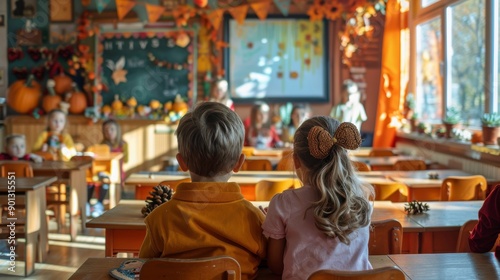 Two children watch a presentation in a quaint, rustic classroom. The room is decorated with autumnal colors and decorations.