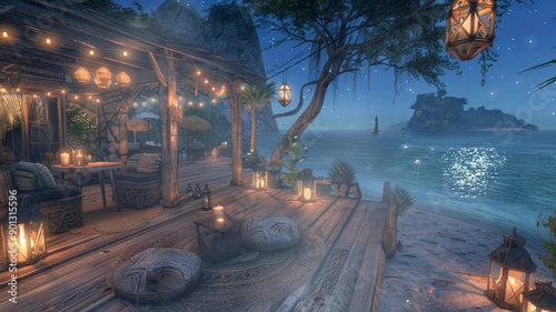 Cozy cabin on the beach at night.