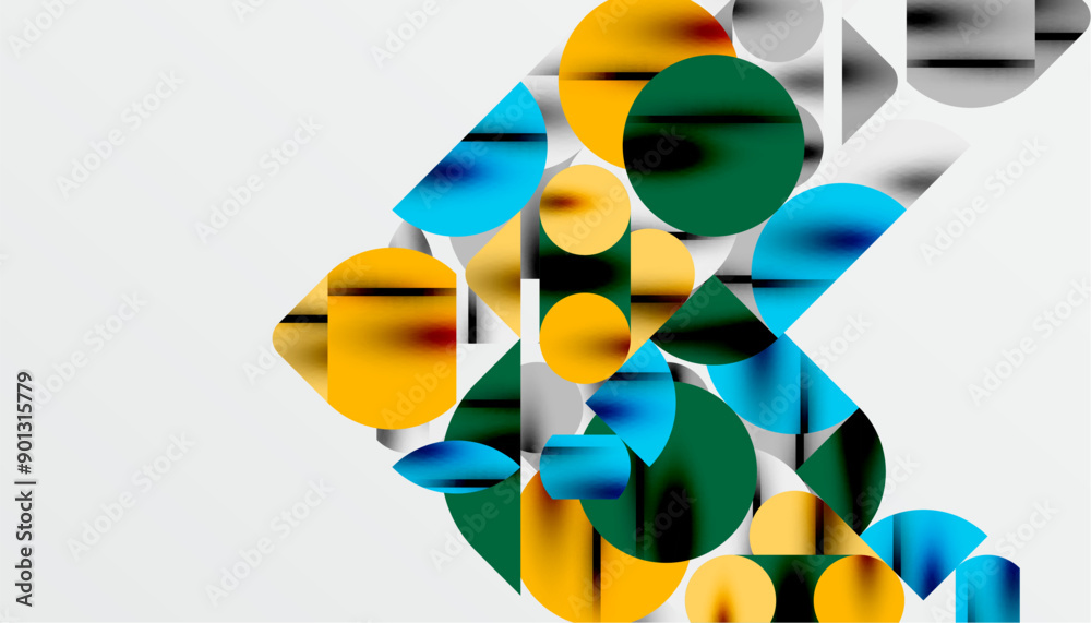 Color beautiful circles, semi circles, squares and round triangles. Geometric mosaic style pattern abstract background for wallpaper, banner, backdrop, card, book Illustration, landing page Color beautiful circles, semi circles, squares and round triangles. Geometric mosaic style pattern abstract background for wallpaper, banner, backdrop, card, book Illustration, landing page