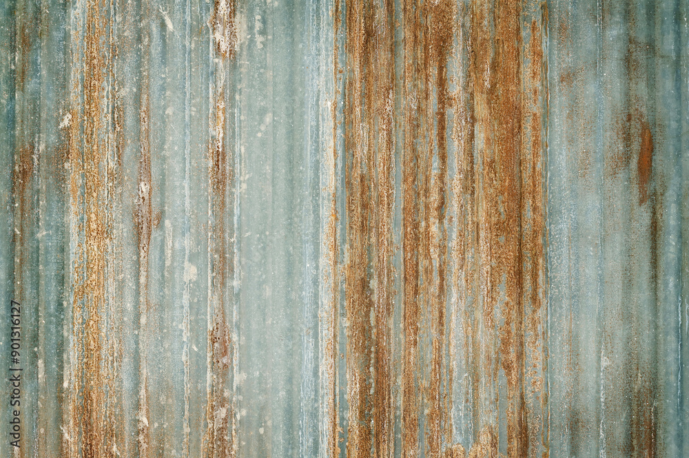 Old zinc wall texture background, rusty on galvanized metal panel sheeting.