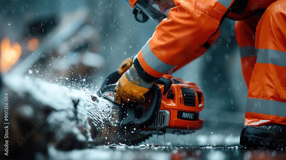 Epic shot of a firefighter operating a chainsaw to clear debris, highlighting the essential equipment used for gaining access and rescue