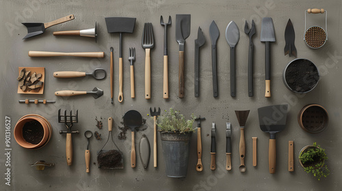 A neatly arranged collection of gardening tools and equipment displayed on a gray wall, featuring pots, trowels, pruners, and other essential tools. photo