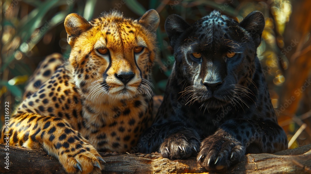 Naklejka premium Cheetah and black panther sitting together on a tree branch
