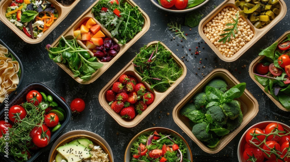 A variety of fruits and vegetables are displayed in different containers. Concept of abundance and health, as it showcases a diverse selection of fresh produce A variety of fruits and vegetables are displayed in different containers. Concept of abundance and health, as it showcases a diverse selection of fresh produce