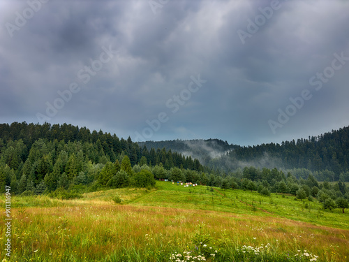 Perfect landscape view during the thunder storm in the Carpathian Mountains