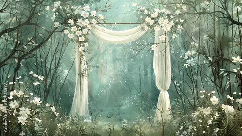 Wedding Arch White Flowers Silk Ribbons Magical Shady Forest Watercolor Illustration Background Romantic Ceremony Outdoor Wedding Venue Fairy Tale Setting