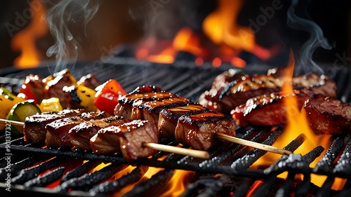 Grilled kebabs with vegetables on skewers over an open flame. photo