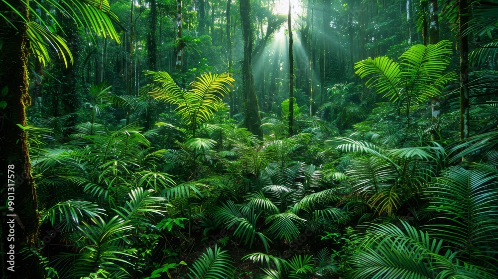 Fototapeta premium Lush Rainforests, Photos capturing the vibrant life and dense foliage of tropical rainforests, illustrating their ecological importance and biodiversity