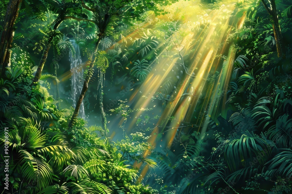 Fototapeta premium Lush Sunlight Filtering Through Dense Green Jungle Canopy