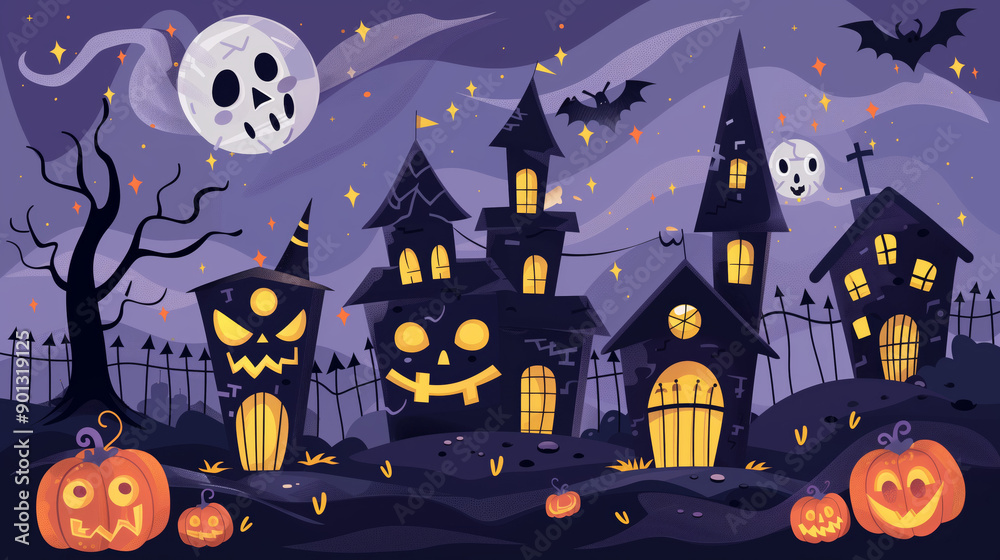 Fototapeta premium Halloween scary horror background in purple colors with spooky Haunted house with glowing light windows and full moon. Black bats in the cemetery and pumpkins lights