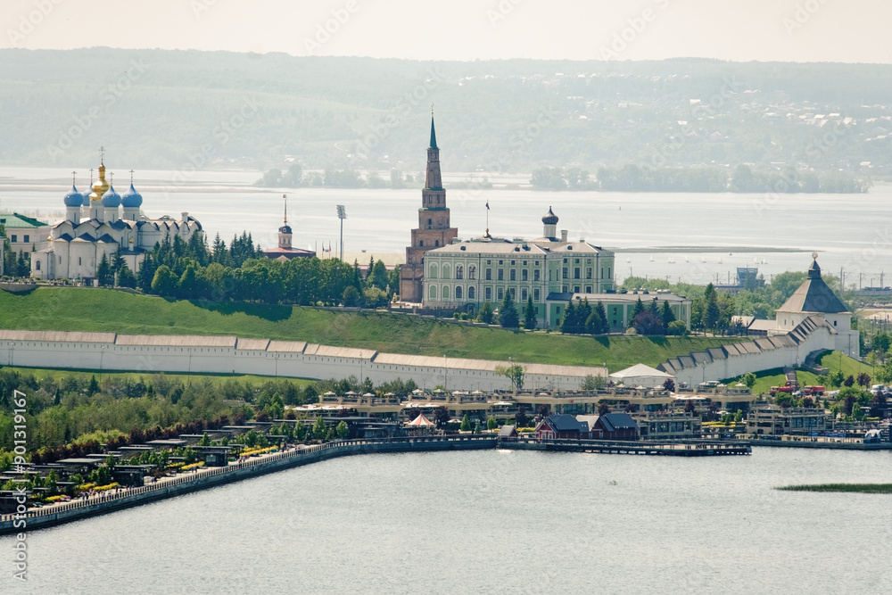 Brics summit and games in Russia, Kazan. Panoramic summer shot from above of Kazan Kremlin.Tatarstan, Russia. Capital of the Republic of Tatarstan. sunny. Sights, churches and mosque Kul-Sharif. Brics summit and games in Russia, Kazan. Panoramic summer shot from above of Kazan Kremlin.Tatarstan, Russia. Capital of the Republic of Tatarstan. sunny. Sights, churches and mosque Kul-Sharif.