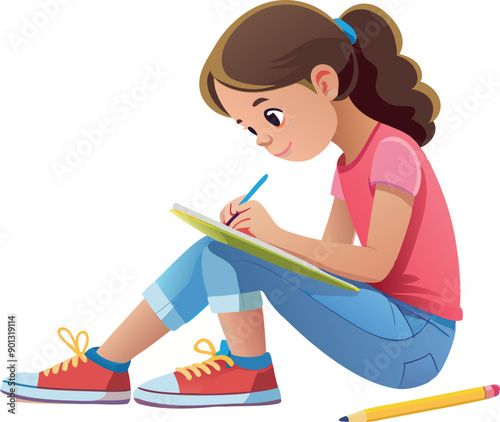 Young girl concentrating while doing homework sitting on floor