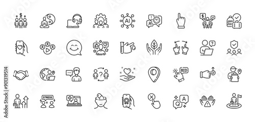 Difficult stress, Yoga and Handshake line icons pack. AI, Question and Answer, Map pin icons. Medical help, Consult, Team work web icon. Vector