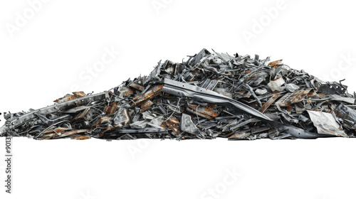 A large pile of mixed metal scrap and debris, featuring twisted and rusted pieces, against a plain white background, possibly for recycling or disposal. photo