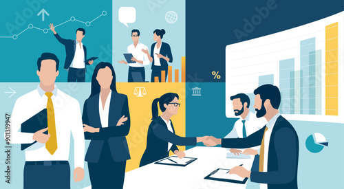 Business team at work. A group of office workers. Business vector illustration.
